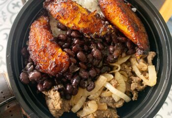 Steak, Jasmine Rice, Black Beans, Maduros