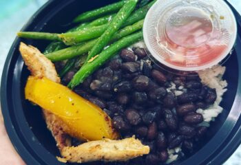 Grilled Chicken, Peppers , Jasmine Rice, Black Beans, Green Beans, Pico de Gallo