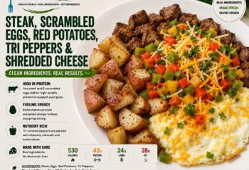 Steak, 2 eggs, red potatoes, tri peppers and cheese