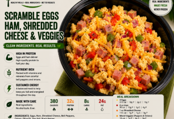 Scramble Eggs, Ham, Shredded Cheese and Veggies