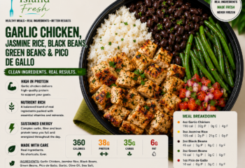 Garlic Chicken, Jasmine Rice, Black Beans, Green Beans and Pico