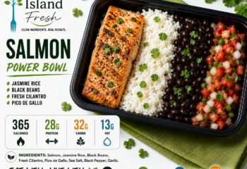 Salmon, Jasmine Rice, Black Beans, Cilantro and Pico