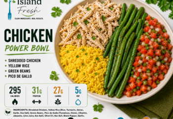Shredded Chicken, Yellow Rice, Green Beans and Pico
