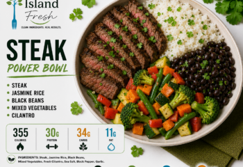 Steak, Jasmine Rice, Black Beans, Mix Veggies and Cilantro