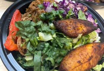 Ropa Vieja, Jasmine Rice, Red Cabbage, Lettuce, Cilantro, Maduros