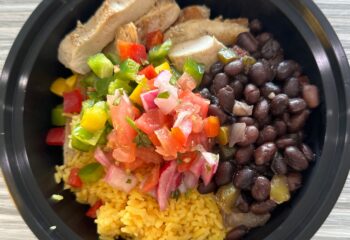 Grilled Chicken, Yellow Rice, Black Beans, Peppers, Pico