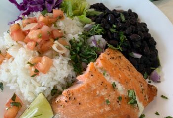 Salmon, Jasmine Rice, Black Beans, Cilantro, Pico