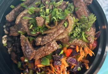 Steak, Jasmine Rice, Black Beans, Cilantro, Mix Veggies