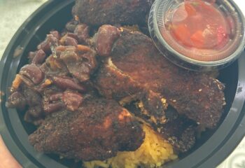 Garlic Chicken, Yellow Rice, Red Beans, Pico