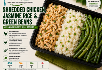 Shredded Chicken, Jasmine Rice, Green Beans Shredded Chicken, Jasmine Rice, Green Beans