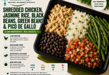 Shredded Chicken, Jasmine Rice, Black Beans, Green Beans, Pico de Gallo