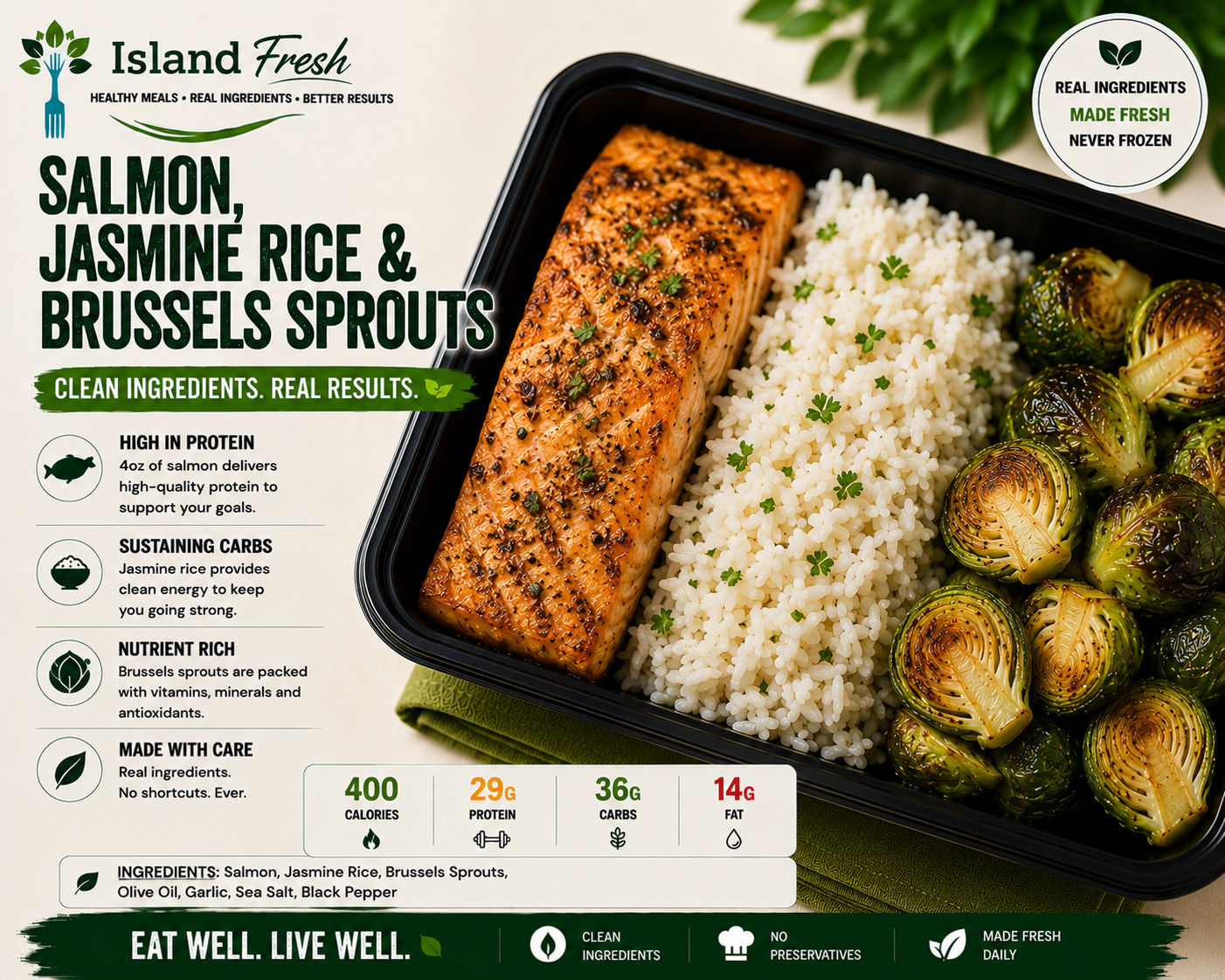 Salmon, Jasmine Rice, Brussels